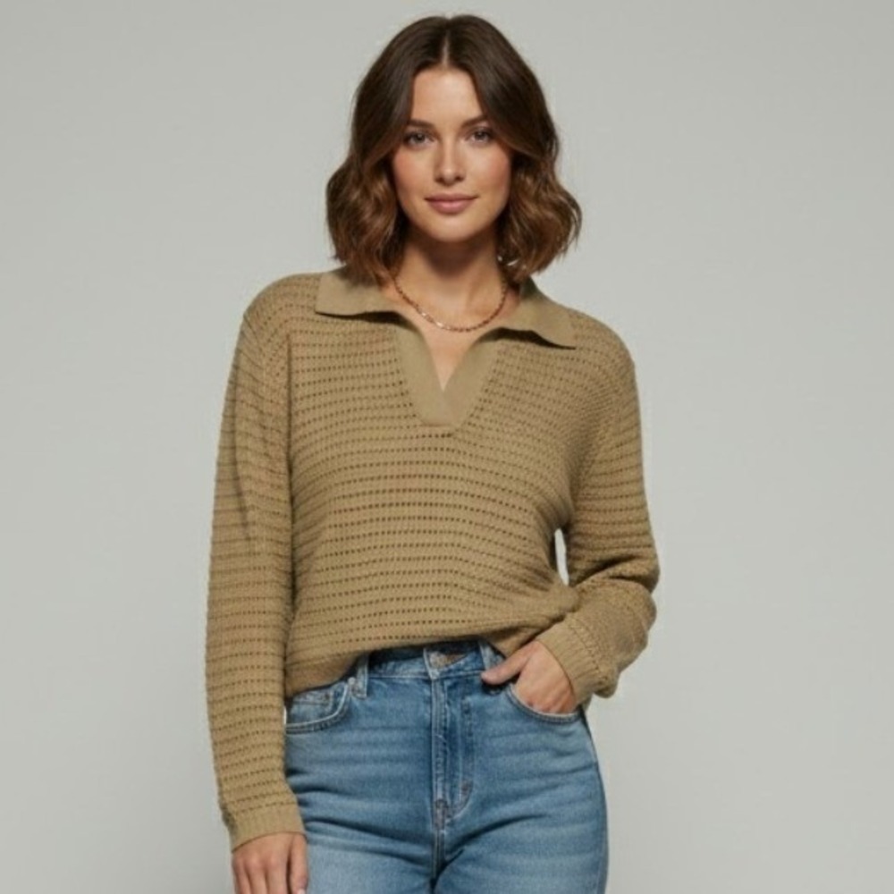 Carve Designs Women XL Knit Polo Sweater Long Sleeve Tan Cropped Casual Preppy‎
